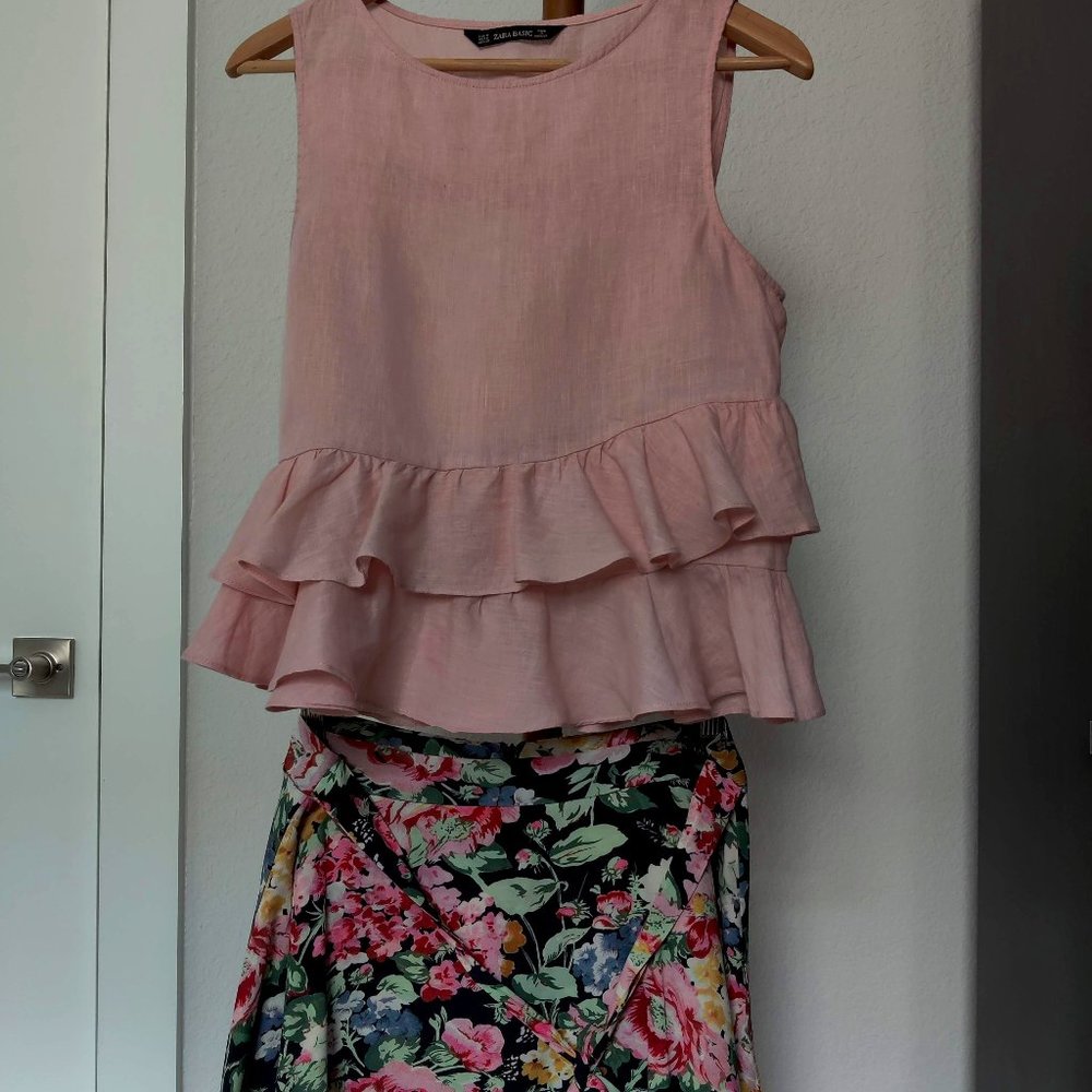 Zara - Basic Pink Linen Ruffle Sleeveless Top Size M. Floral Mini Skirt Size L